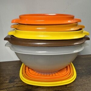 VTG TUPPERWARE Lot 5 Servalier Nesting Bowls 2/858 836 838 840 W 3 Lids 1970s